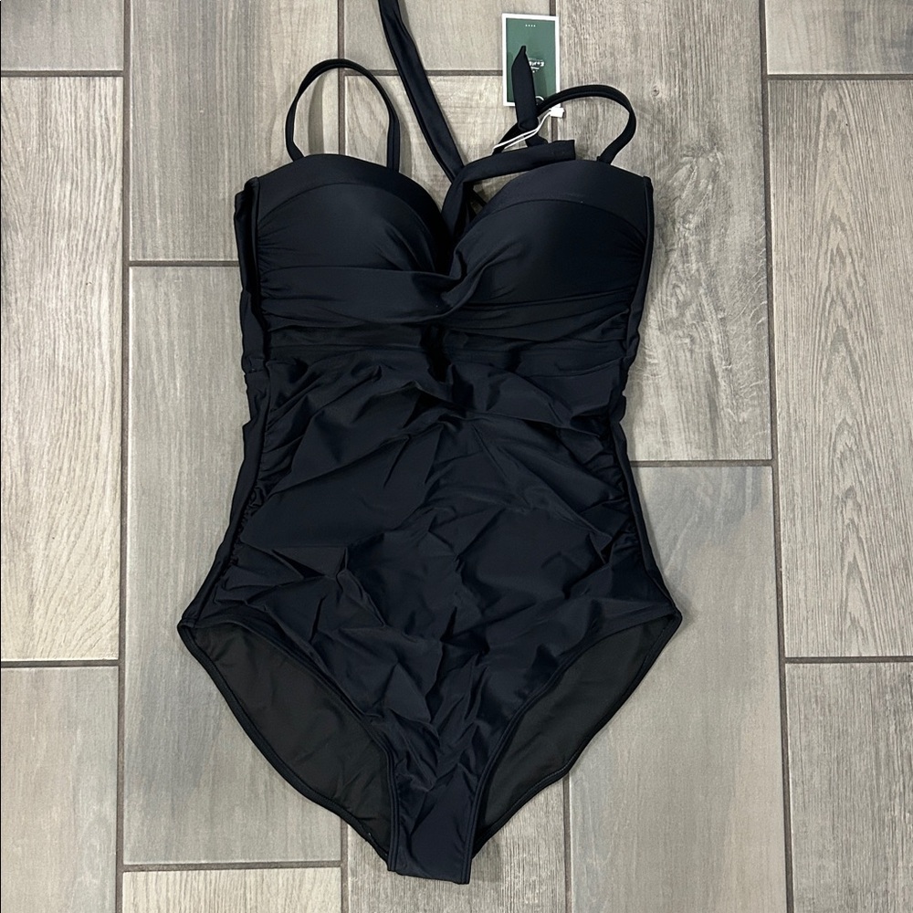 One Piece Push-Up Swimsuit Black Medium With Bandeau Twist wrap front & Cutout - Picture 6 of 8